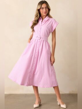GIA PEONY PINK STRIPE BELTED COTTON MIDI DRESS